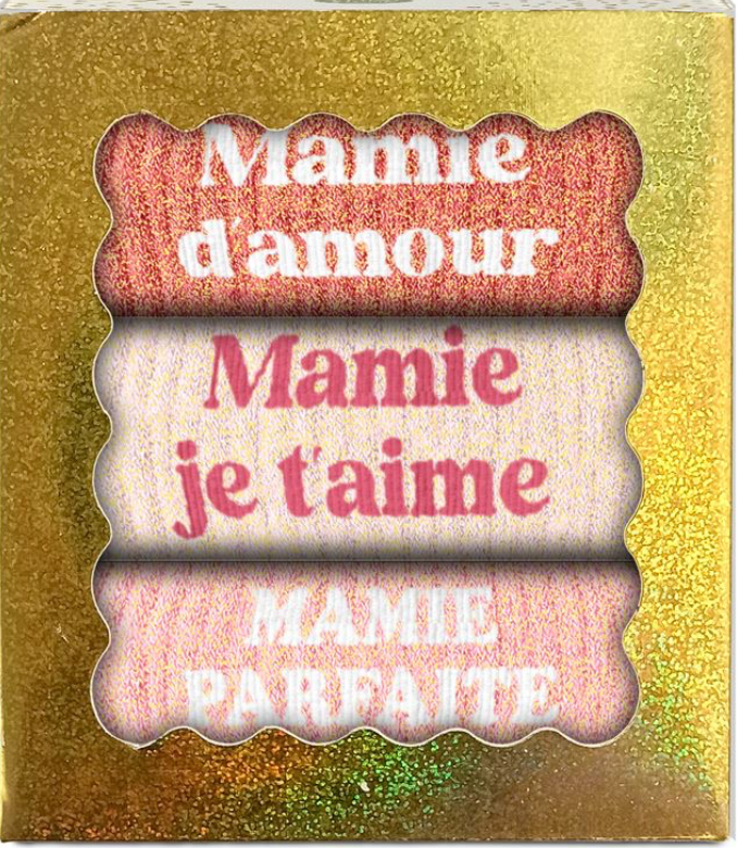 Lot de chaussettes à paillette "Mamie d'amour, Mamie je t'aime & Mamie Parfaite