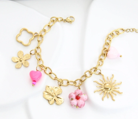Bracelet doré fleurs coeur et soleil